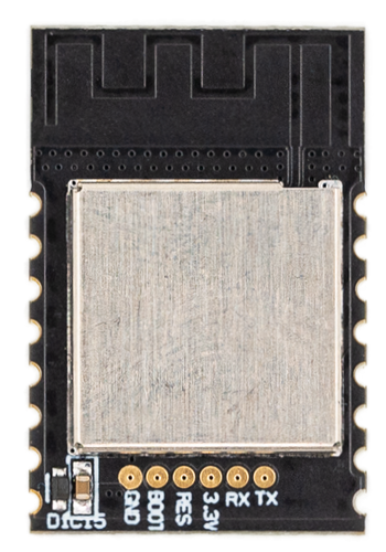 Front view of the Shelly X1 module showing a metallic EMI shield and castellated holes along the PCB edges for surface mounting.