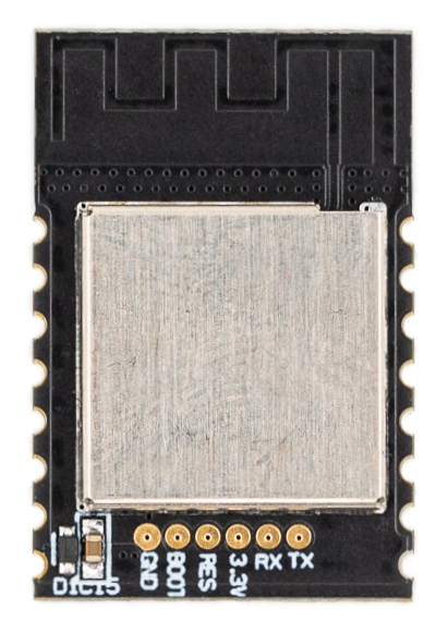 Front view of the Shelly X1 module showing a metallic EMI shield and castellated holes along the PCB edges for surface mounting.