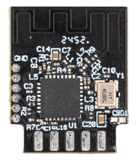 Front view of the Shelly X3 module showing the PCB and 5 pins for vertical mounting.